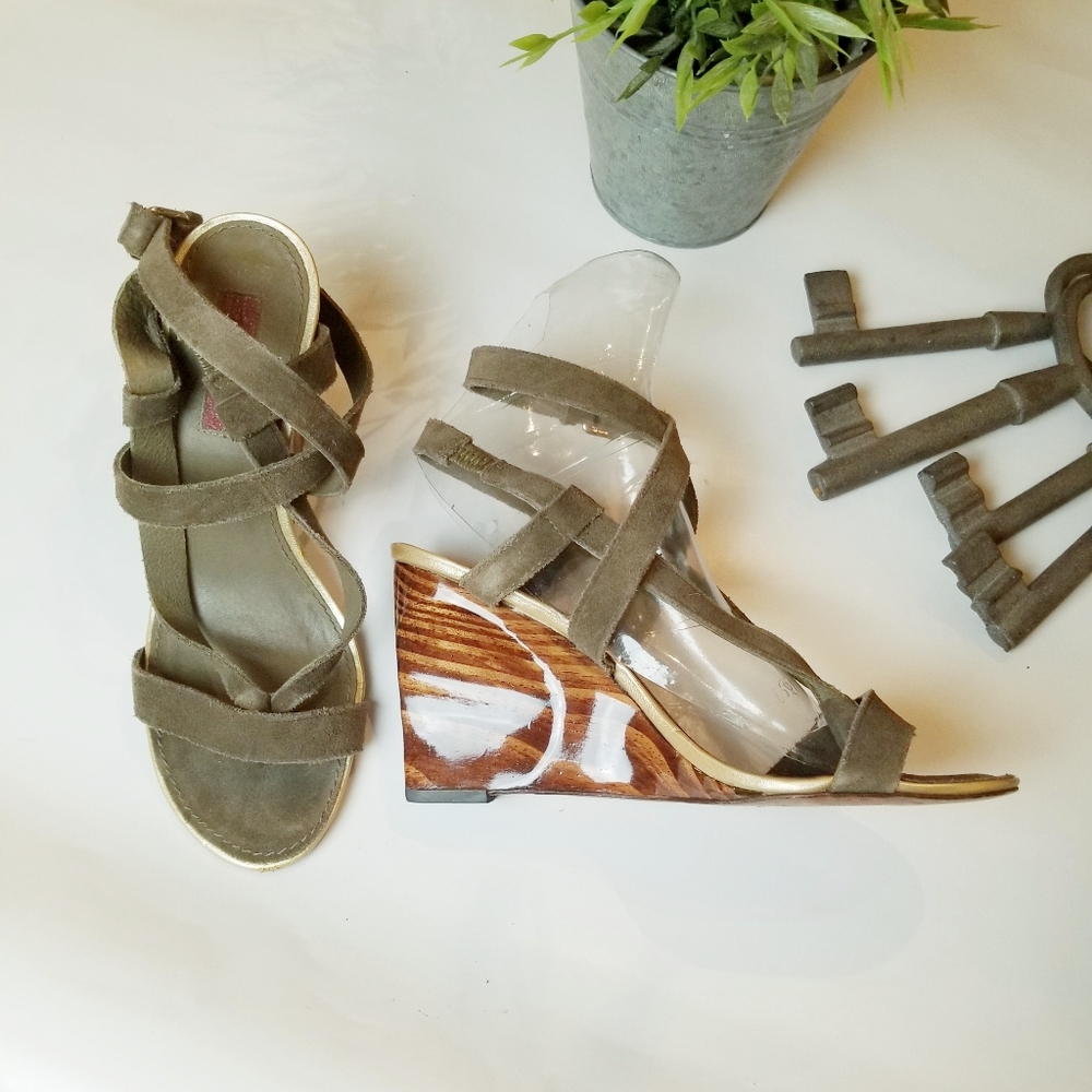 7 For All Mankind strappy glossy wood wedges